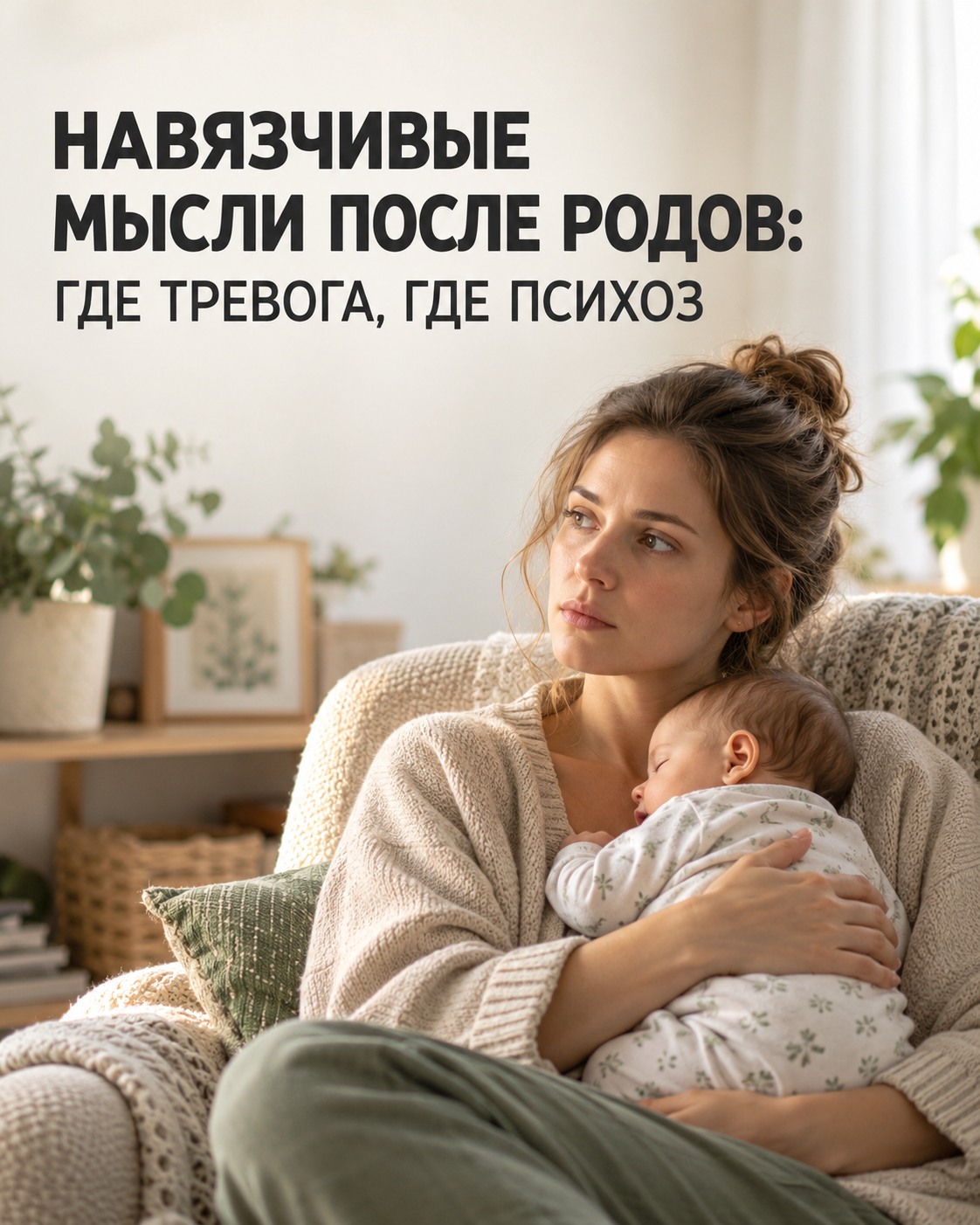 Мама держит спящего младенца дома — постер «Навязчивые мысли после родов: где тревога, где психоз»