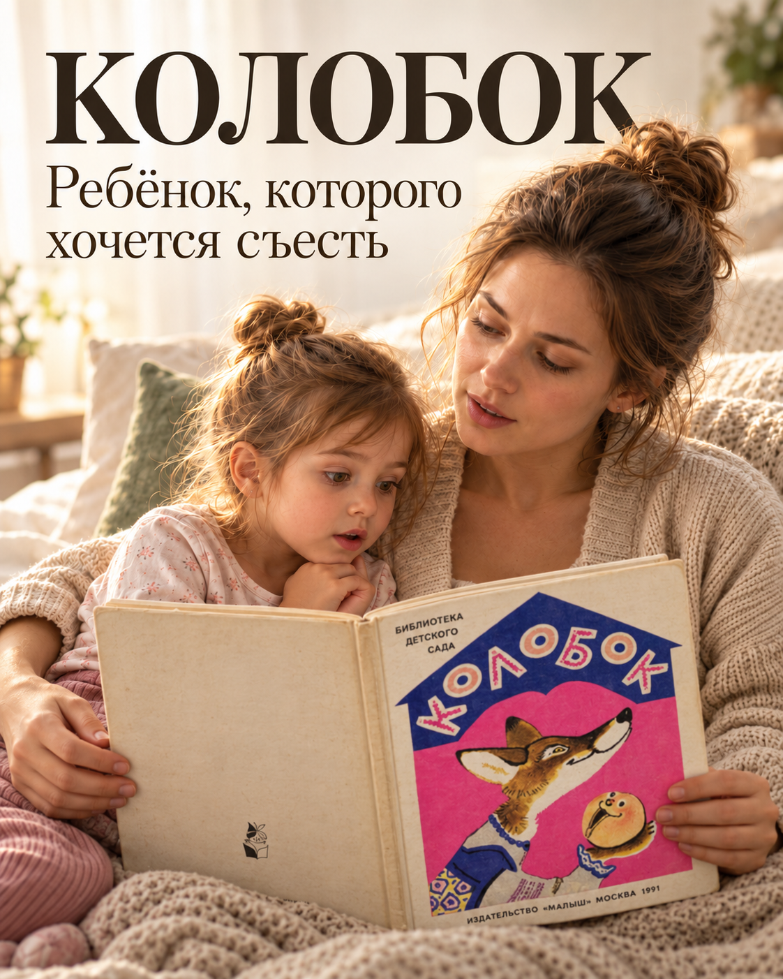 Мама и маленькая дочь вместе читают «Колобка» в уютной кровати; к зрителю обращена обложка книги