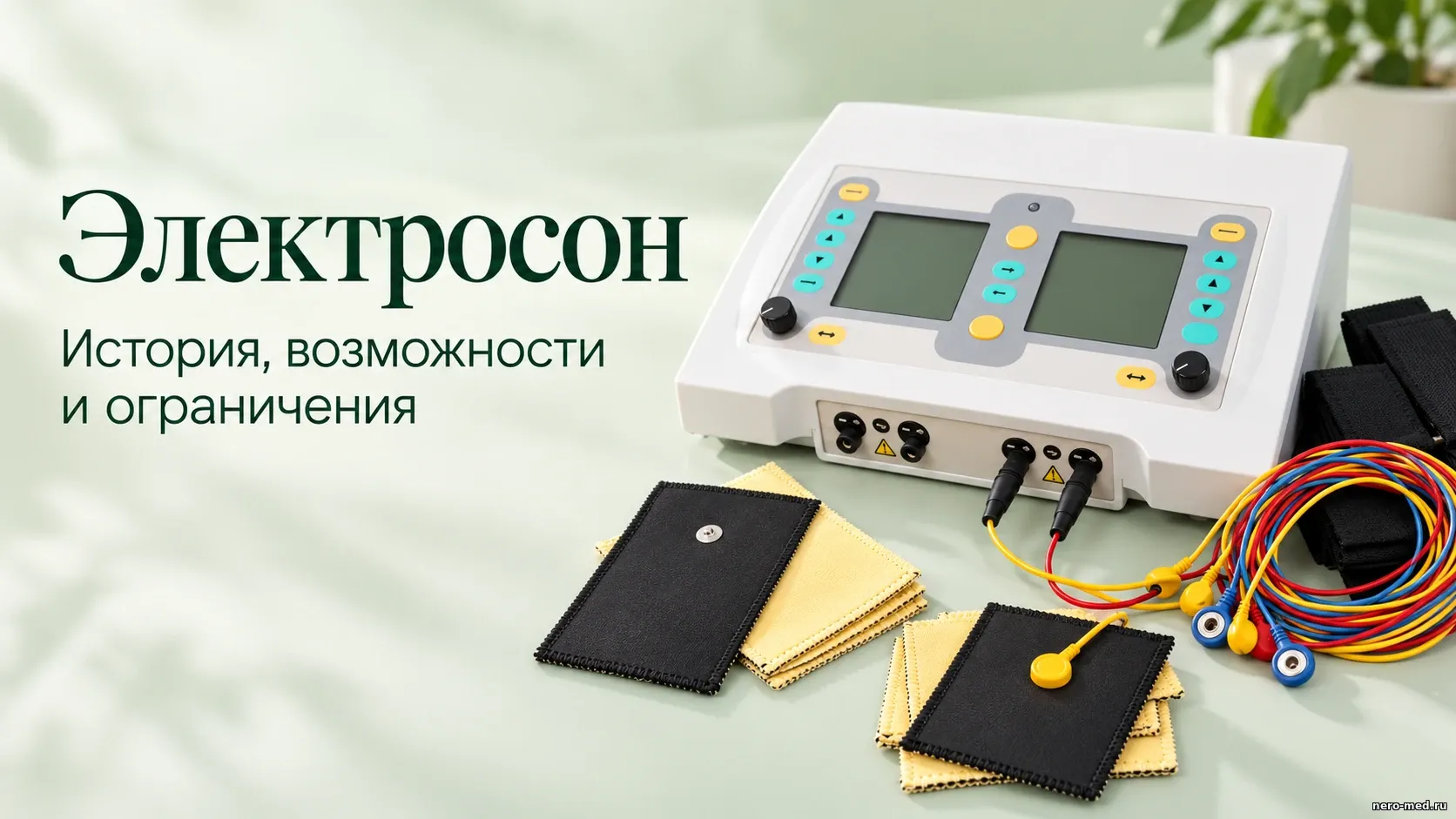 Аппарат импульсной электротерапии с проводами и электродами на светло-зелёном фоне