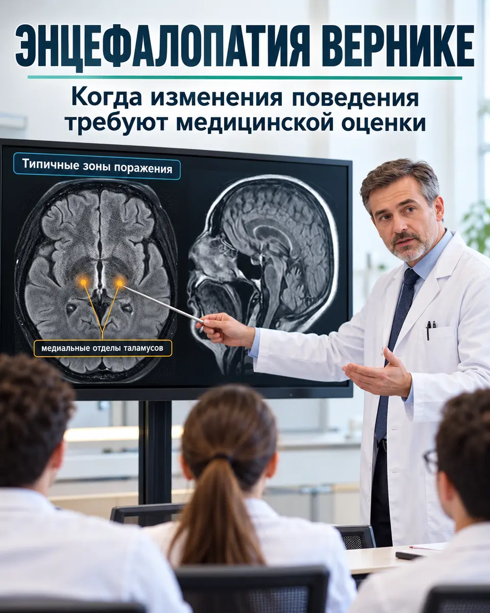 Врач объясняет студентам типичные зоны поражения мозга при энцефалопатии Вернике