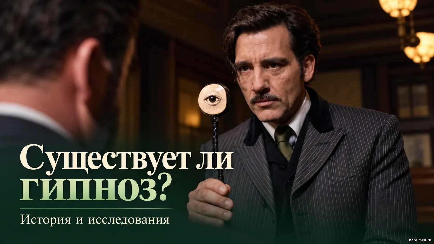Постер «Существует ли гипноз?»: мужчина показывает собеседнику предмет с изображением глаза