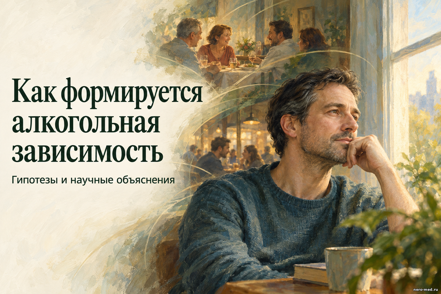 Постер «Как формируется алкогольная зависимость»: задумчивый мужчина у окна и сцены общения на заднем плане.