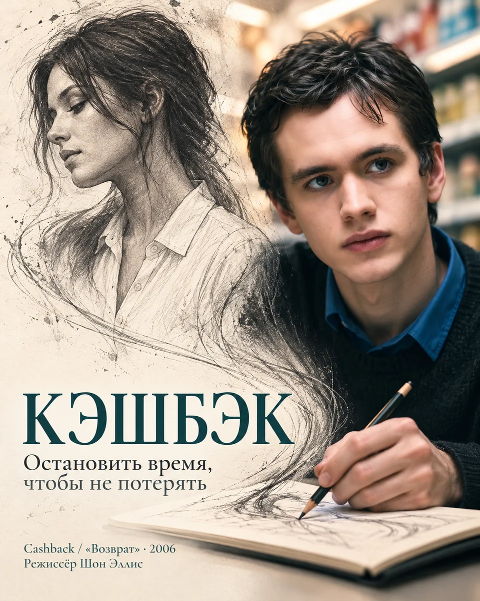 Постер к разбору фильма «Кэшбэк»: Бен с карандашом и рисунок девушки в одежде