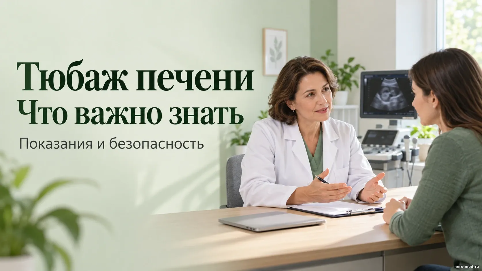 Врач обсуждает с пациенткой обследование в светлом медицинском кабинете